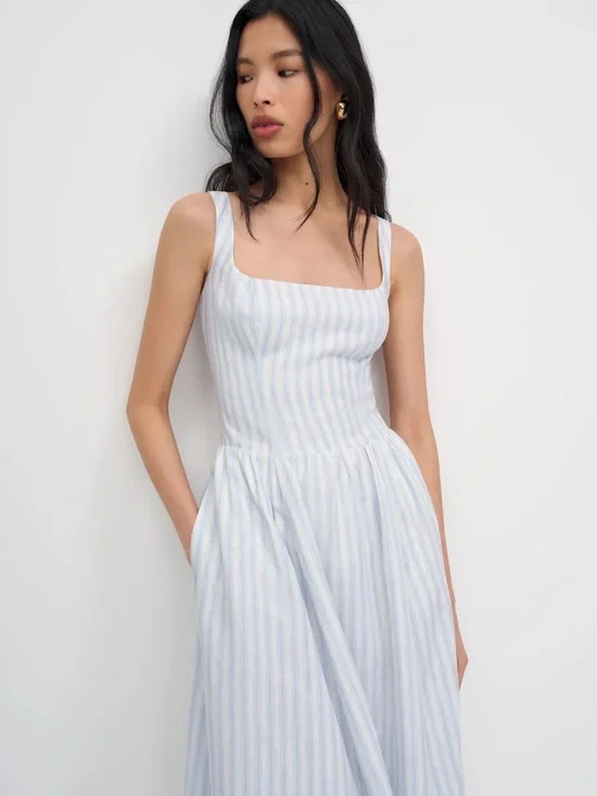 NEW Reformation Janu Midi Linen Dress Swan Stripe Blue White | US 2 / UK 6 - Picture 2 of 15